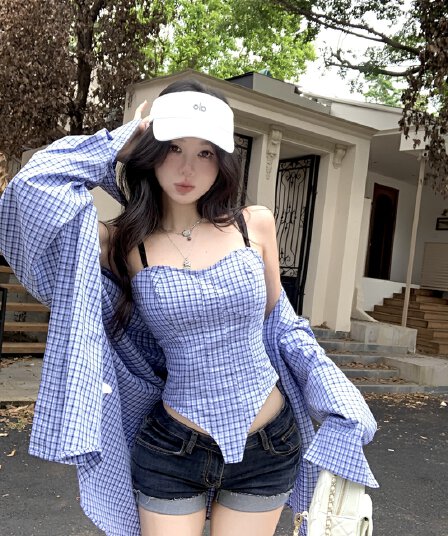 실사 정가 학원 스타일 체크무늬 몸매 가꾸기 벨트 가슴 패드 캐미솔 루즈핏 캐주얼 긴팔 셔츠 투피스 세트