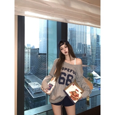 批发实拍实价复古辣妹露肩印花<b class='q'>T</b><b class='q'>恤</b>宽松上衣+抽绳包臀百搭运动裤套装女