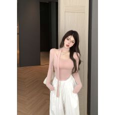 批发实拍实价纯欲辣妹风U领飘带长袖<b class='q'>T</b><b class='q'>恤</b>女短款收腰<b class='q'>紧身</b>弹力上衣打底衫