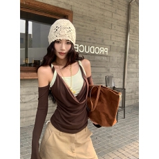 批发实拍实价辣妹复古拼接撞色假两件荡领扭结露肩<b class='q'>T</b><b class='q'>恤</b>修身显瘦打底衫