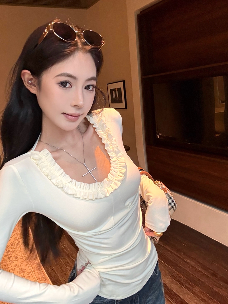 实拍实价辣妹性感露背荷叶边U领修身显瘦加绒长袖内搭打底衫上衣