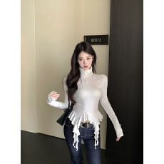 批发实拍实价冬季甜美纯欲辣妹风荷叶边不规则飘带高领内搭显瘦打底衫