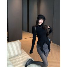 批发实拍实价冬季甜美纯欲辣妹风荷叶边不规则飘带高领内搭显瘦打底衫