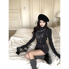 批发实拍实价冬季辣妹半高领印花撞色修身显瘦长袖正肩加绒打底衫上衣