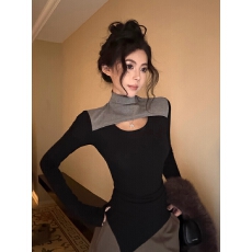 批发实拍实价时髦假两件高领镂空拼接长袖不规则修身显瘦内搭打底衫