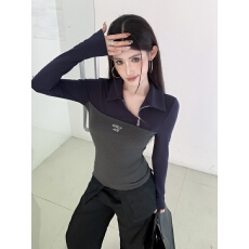 批发实拍实价复古学院字母刺绣斜拉链翻领撞色修身显瘦长袖加绒打底衫