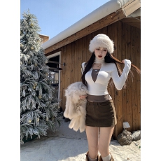 批发实拍实价冬季辣妹撞色高领假两件镂空修身显瘦磨毛加绒内搭打底衫