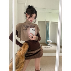 批发实拍实价辣妹字母印花蝙蝠袖背心+圆领拼色<b class='q'>长袖</b>打底衫套装两件套