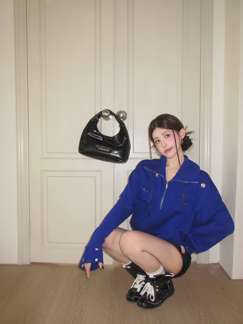 实拍实价春季复古辣妹大翻领半拉链宽松套头卫衣多穿立领口袋上衣