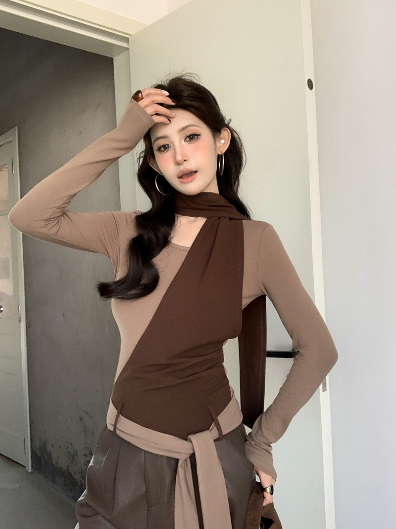 实拍实价复古辣妹拼接假两件不规则飘带修身显瘦磨毛绑带打底衫