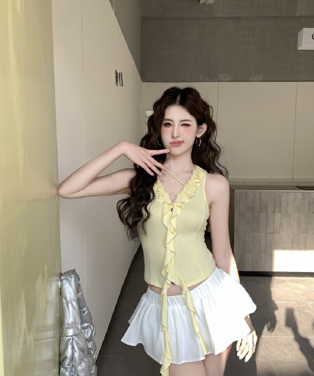 실사 정가 봄 핫걸 술 불규칙 리본 조끼 여성 V넥 스트랩 연꽃 잎 몸매 가꾸기 슬림해 보이는 맨위