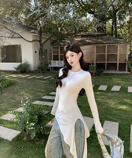 실사 정가 봄 레트로 핫걸 비대칭 리본 디자인 중간 길이 긴팔 티셔츠 몸매 가꾸기 슬림해 보이는 맨위