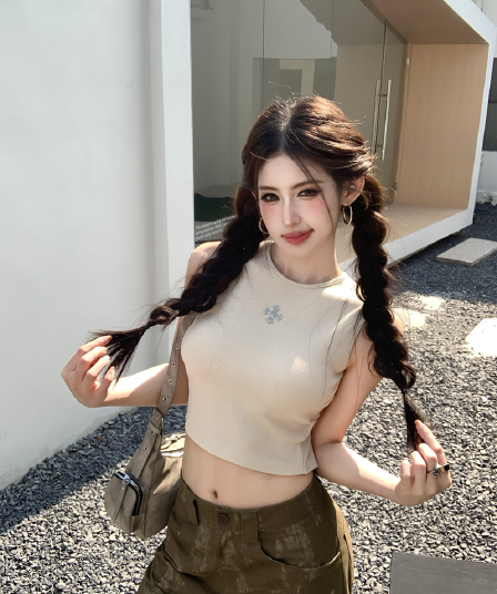 실사 정가 여름 핫걸 민소매 스트랩 백리스 십자가 핫픽스 벨트 가슴 패드 라운드 넥 슬림해 보이는 몸매 가꾸기 맨위