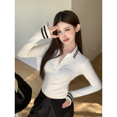 批发实拍实价春季辣妹学院风翻领<b class='q'>条纹</b>镂空刺绣长袖修身显瘦打底<b class='q'>针织衫</b>