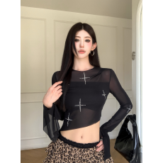 批发实拍实价春季辣妹网纱微透拼接不对称烫钻圆领长袖修身T恤<b class='q'>上衣</b>