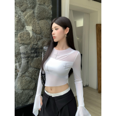 批发实拍实价春季辣妹网纱微透拼接不对称烫钻圆领长袖修身T恤<b class='q'>上衣</b>