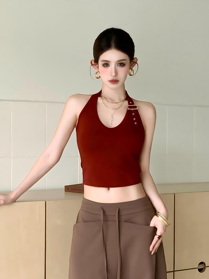 실사 정가 여름 핫걸 행침 목 백리스 수 있습니다. 조정 금속 버클 비대칭 조끼 민소매 짧은 슬립 맨위