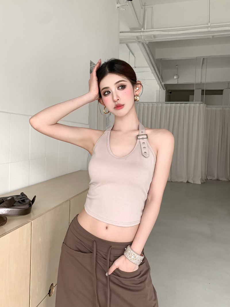 실사 정가 여름 핫걸 행침 목 백리스 수 있습니다. 조정 금속 버클 비대칭 조끼 민소매 짧은 슬립 맨위