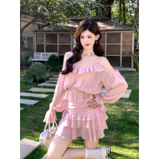 批发实拍实价夏季辣妹荷叶边甜美吊带露肩层次感<b class='q'>雪纺</b><b class='q'>上衣</b>蛋糕裙<b class='q'>两件套</b>
