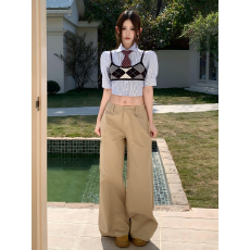 批发实拍实价夏季辣妹复古学院撞色条纹<b class='q'>衬衫</b>格纹吊带领结阔腿裤四件套