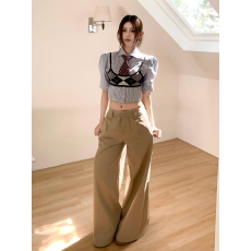 批发实拍实价夏季辣妹复古学院撞色条纹<b class='q'>衬衫</b>格纹吊带领结阔腿裤四件套