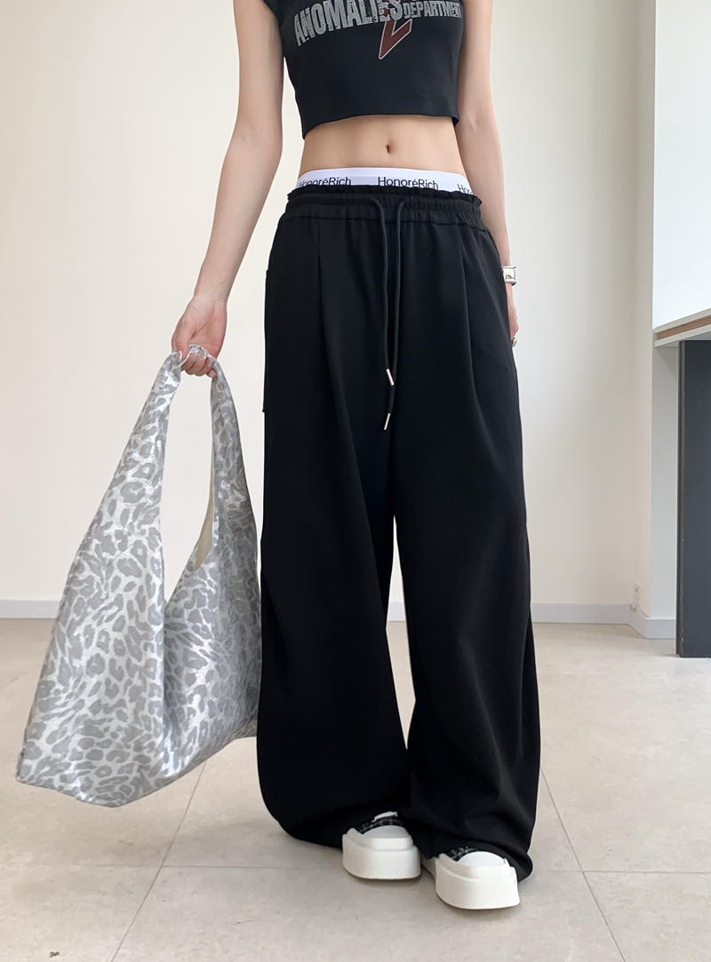 실사 정가 aespa 골드 겨울 같은 단락 패치워크 더블 허리 알파벳 루즈핏 넓은 다리 캐주얼 긴 바지 운동 웨이 바지