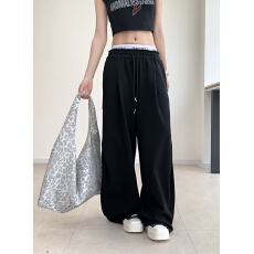 批发实拍实价aespa金<b class='q'>冬</b>天同款拼接双腰字母宽松阔腿休闲长裤运动卫裤