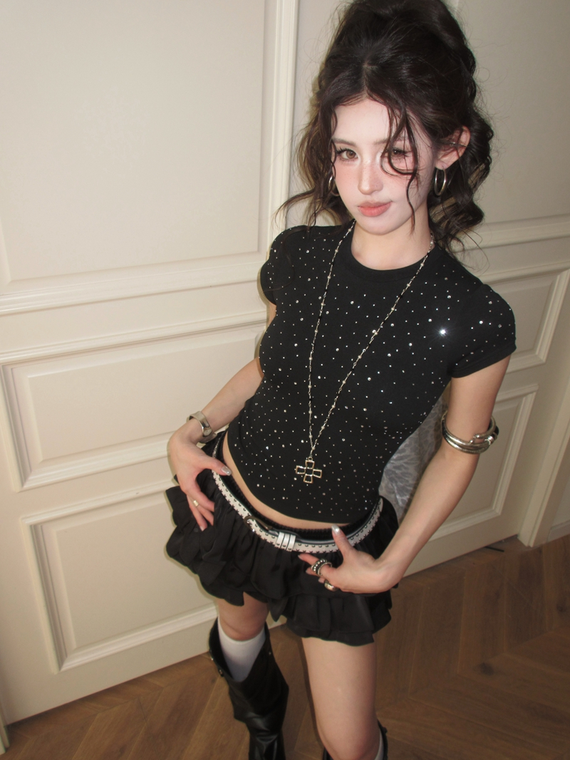 실사 정가 여름 핫걸 바람 반짝임 핫픽스 반팔 긍정적 인 어깨 티셔츠 쇼트 스타일 다용도 슬림해 보이는 프로 피부 얇은 맨위