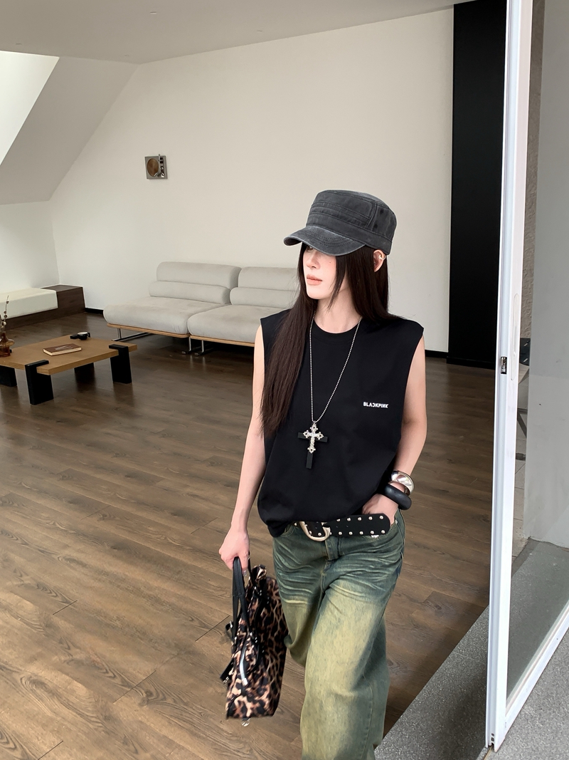 실사 정가 여름 핫걸 jennie 같은 단락 진회색 알파벳 프린트 조끼 루즈핏 민소매 티셔츠 맨위