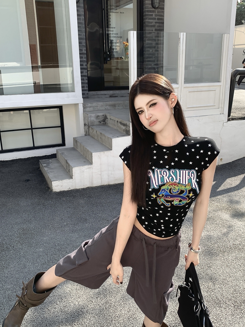 실사 정가 여름 레트로 핫걸 별 전체 인쇄 작은 날다 소매 티셔츠 작은 대중 몸매 가꾸기 다용도 반팔 맨위