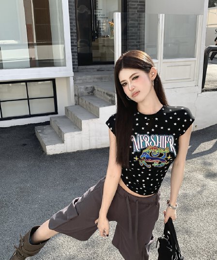 실사 정가 여름 레트로 핫걸 별 전체 인쇄 작은 날다 소매 티셔츠 작은 대중 몸매 가꾸기 다용도 반팔 맨위