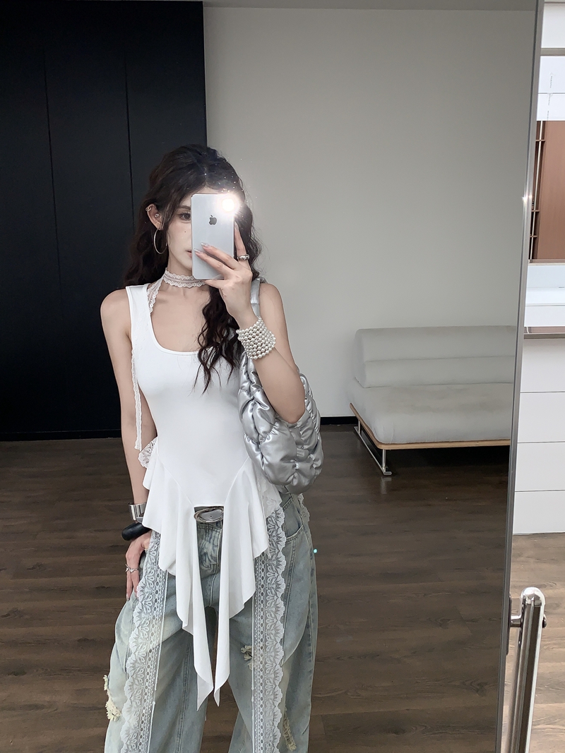 실사 정가 아니요 바겐 세일 핫걸 u 칼라 불규칙 패치워크 레이스 캐미솔 디자인 센스 몸매 가꾸기 맨위