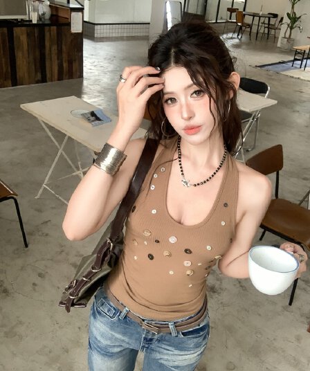 실사 정가 아니요 바겐 세일 핫걸 u 칼라 불규칙 단추 행침 목 조끼 타이트 민소매 슬립 백리스 맨위