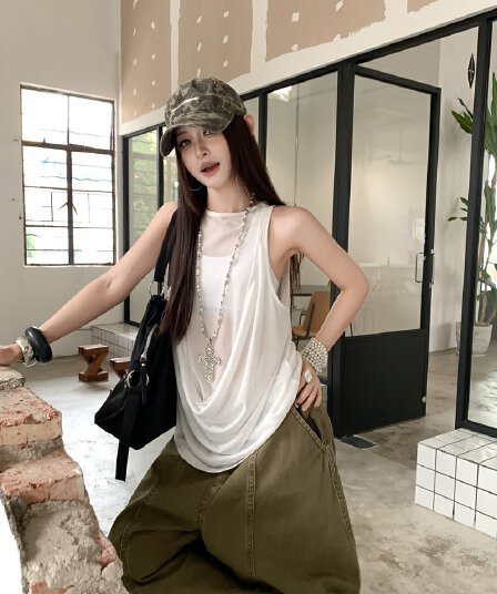 실사 정가 아니요 바겐 세일 페이크 레이어드 패치워크 망사 백리스 도루 가을 흔들다 칼라 전후 둘 착용 민소매 조끼 맨위