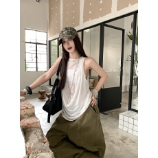 实拍实价不讲价假两件拼接网纱露背垂坠荡领前后两穿无袖背心上衣