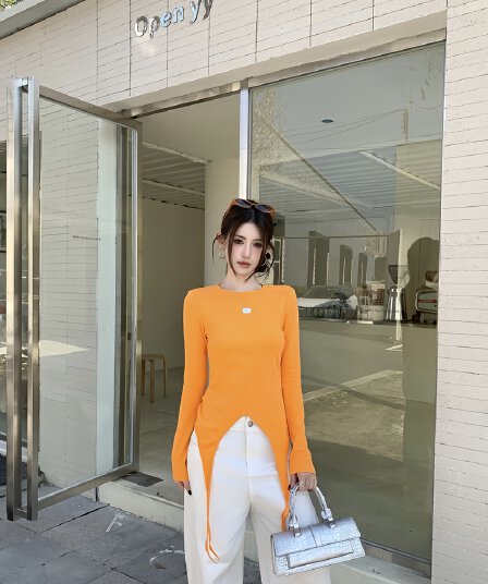 실사 정가 아니요 바겐 세일 이른 가을 핫걸 불규칙 전후 둘 착용 홀로우 아웃 오프숄더 긴팔 티셔츠 몸매 가꾸기 맨위