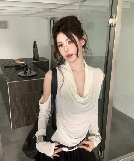실사 정가 아니요 바겐 세일 가을 레트로 핫걸 흔들다 칼라 오프숄더 긴팔 티셔츠 디자인 센스 몸매 가꾸기 슬림해 보이는 맨위