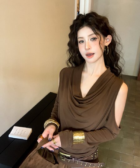 실사 정가 아니요 바겐 세일 가을 레트로 핫걸 흔들다 칼라 오프숄더 긴팔 티셔츠 디자인 센스 몸매 가꾸기 슬림해 보이는 맨위