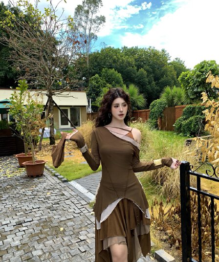 실사 정가 아니요 바겐 세일 가을 레트로 핫걸 비대칭 패치워크 배색 망사 비스듬한 어깨 오프숄더 긴팔 맨위
