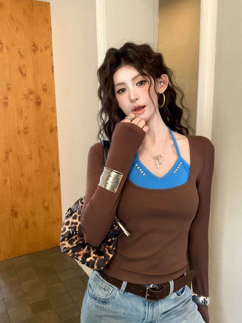 辣妹撞色叠穿挂脖假两件长袖T恤设计感收腰上衣 服裝批發女裝批發服飾貨源