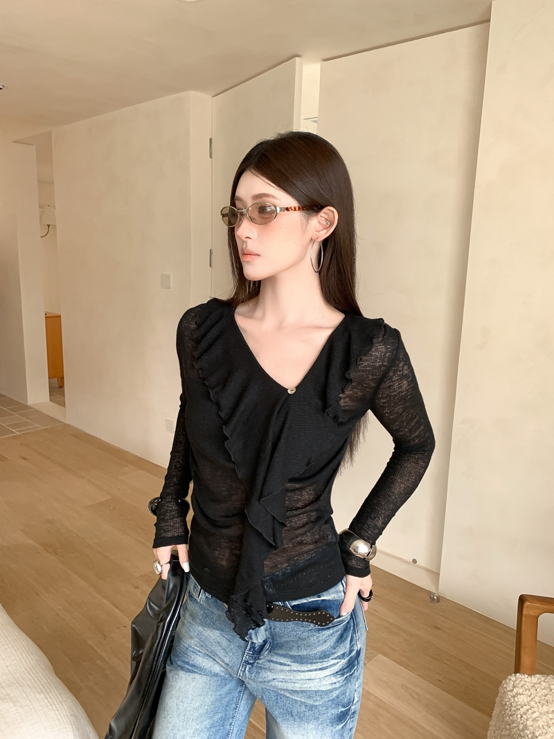 秋季复古荷叶边不对称设计长袖针织修身显瘦上衣 服裝批發女裝批發服飾貨源