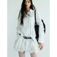 批发JNYLON-24AW通勤百搭新中式印花褶皱花苞衬衫裙（送腰带）