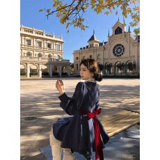 批发安妮不火 假两件波点印花绑带呢子连衣裙女微<b class='q'>胖</b>大码收腰千金风裙