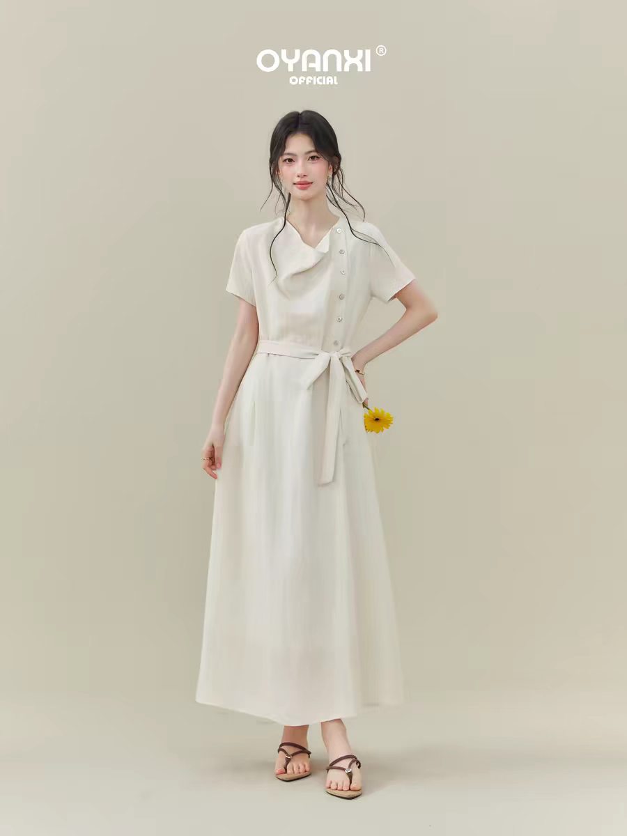 피코 보여주기 구름 살구 레이스업 살구 색상 비스듬한 버클 여성 드레스 여름 특별 아름다운 허리 수축 짧은 소매 길이 치마
