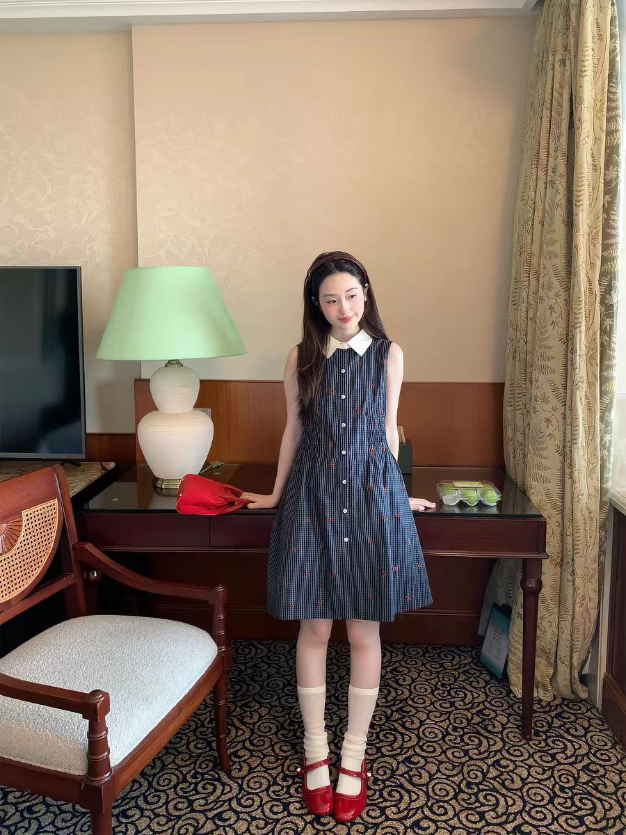 웨이 웨이 보여주기 블루 사쿠라 머리말 달콤한 스타일 작은 폴로 칼라 민소매 명중 가져 가라. 허리 수축 셔츠 드레스 여성 드레스