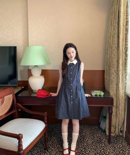 웨이 웨이 보여주기 블루 사쿠라 머리말 달콤한 스타일 작은 폴로 칼라 민소매 명중 가져 가라. 허리 수축 셔츠 드레스 여성 드레스