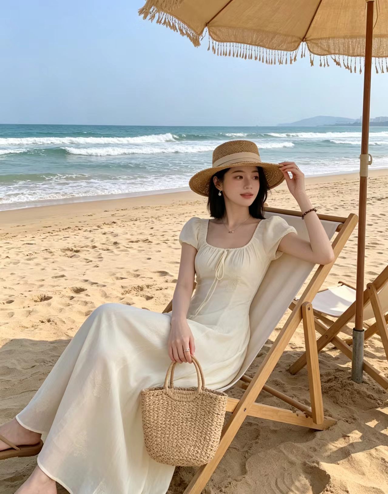웨이 웨이 보여주기 프랑스식 베이지 색 광장 칼라 반팔 여성 드레스 여름 휴가 바람 특별 아름다운 꼬집기 허리 작은 치마