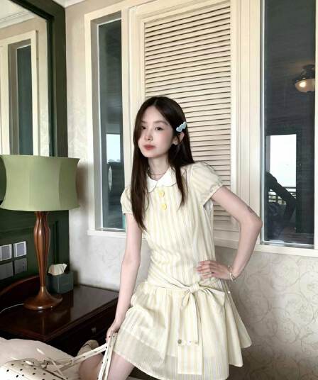 프랑스식 달콤한 스타일 베이비 칼라 여성 드레스 여름 새로운 레이스업 허리 수축 디자인 센스 특별 아름다운 짧은 치마