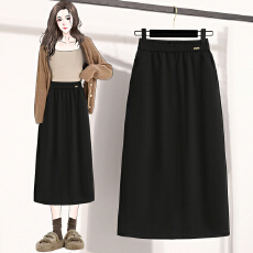 批发实拍大码 2025秋<b class='q'>冬</b>新款松紧高腰显瘦黑色垂感开叉直筒一步包臀裙