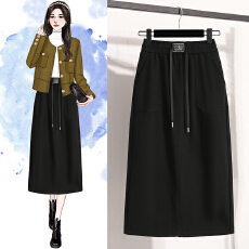 批发实拍大码 黑色直筒裙女2025<b class='q'>秋</b>冬新款系带松紧腰显瘦百褶包臀裙